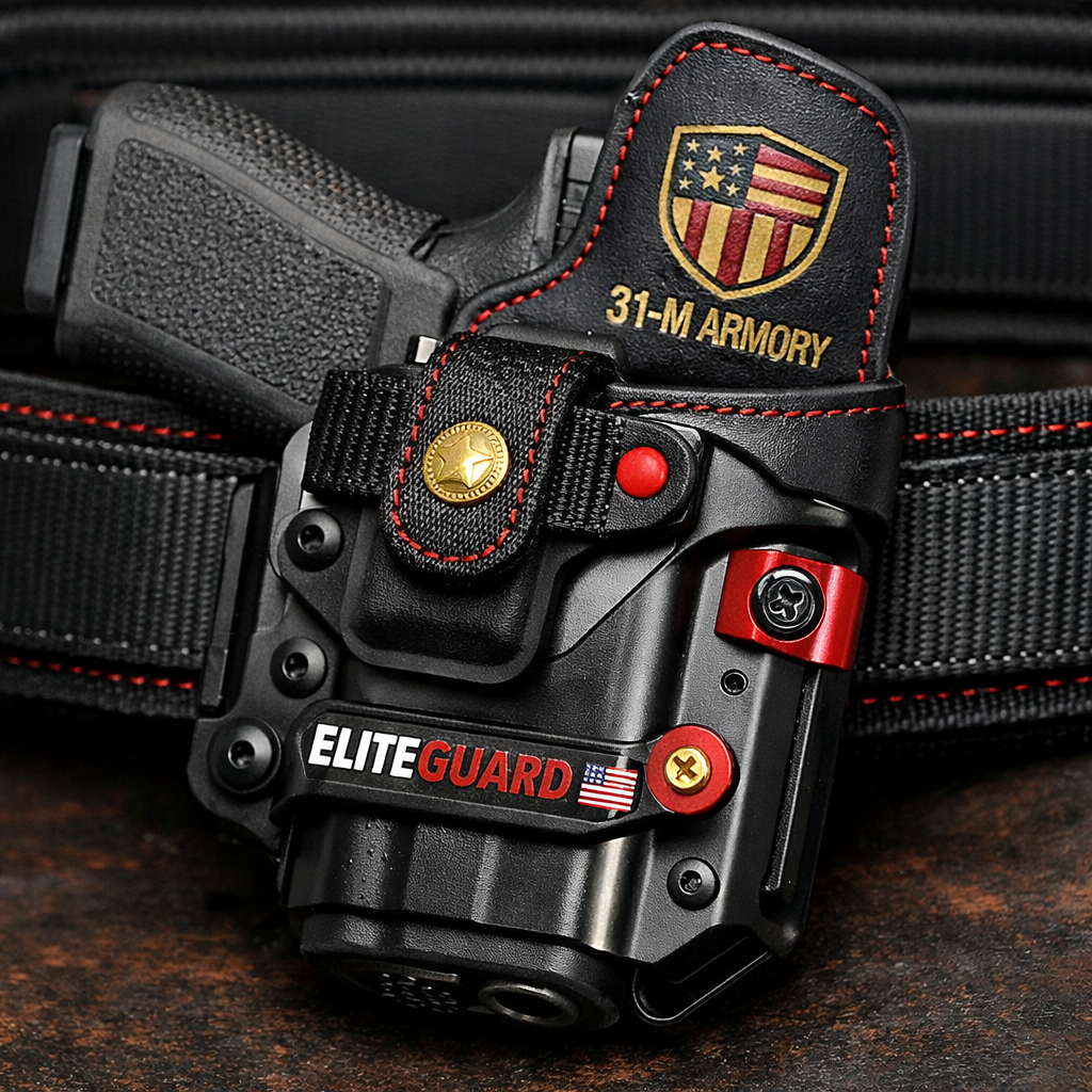 A realistic close‑up of a modular aluminum‑Kydex iwb holster on a black belt, showing adjustable retention strap and leather flap, alt: eliteguard iwb holster for glock 19