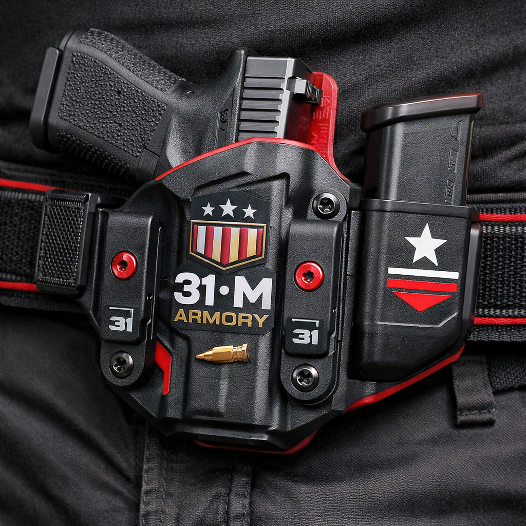A realistic depiction of a rugged polymer iwb holster with dual straps and built‑in magazine holder, attached to a tactical belt, alt: tactical edge iwb holster for glock 19