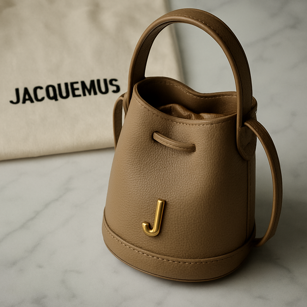 A high‑resolution close‑up of a Jacquemus mini bucket bag on a marble tabletop, showing the signature L hardware, subtle tonal lining, and a dust‑bag with the brand logo. Alt: Jacquemus bag on sale, authentic details, luxury accessory.