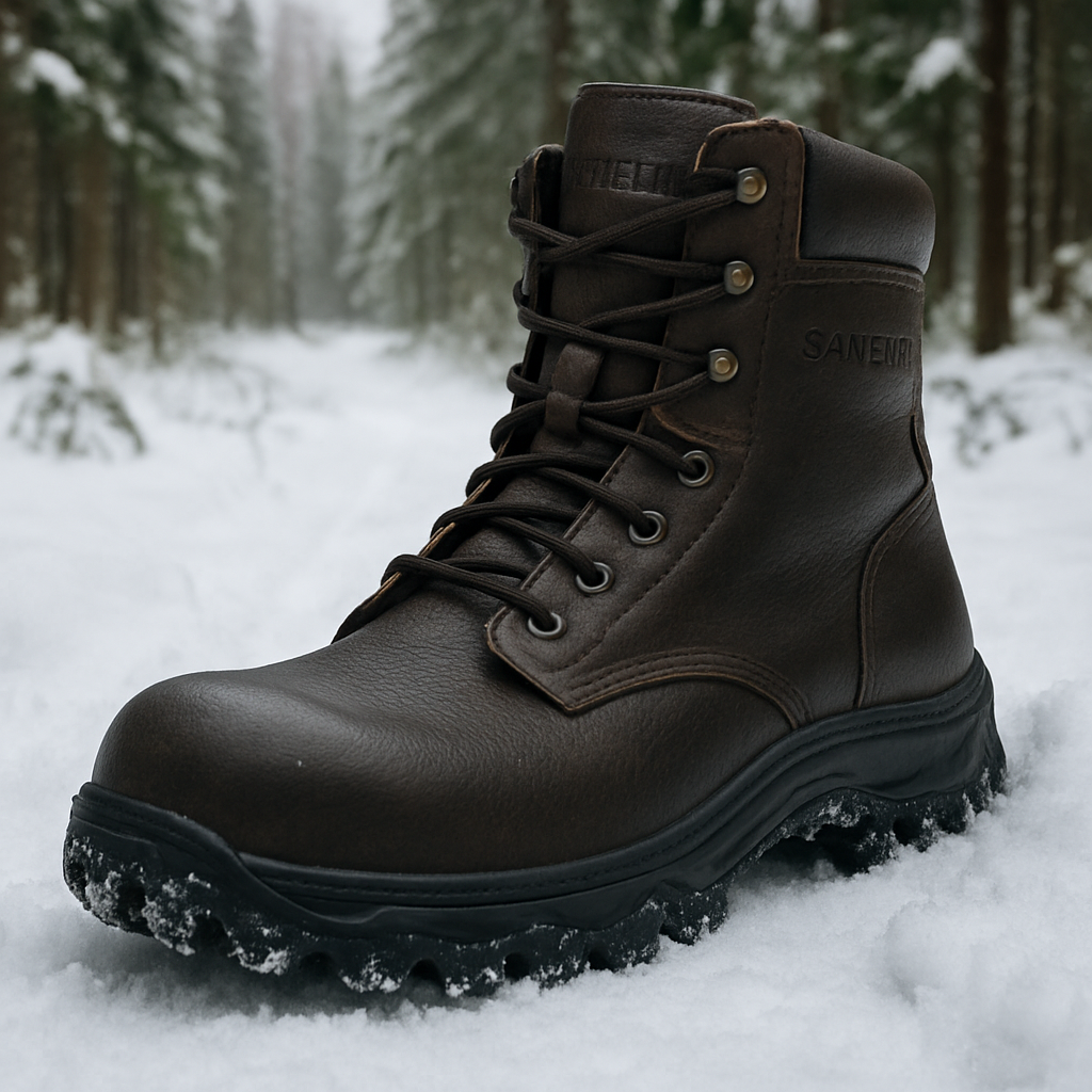 En närbild av robusta Samelin vinterkängor med bred tåbox, vattentätt läder och djup mönstrad TR‑gummisula i ett snötäckt skogslandskap. Alt: robusta samelin jaktkängor vinterförhållanden