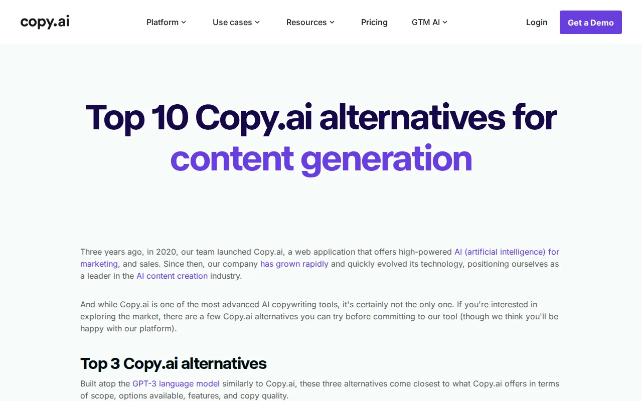 Copy.ai: visual reference for 3. Copy.ai — Versatile AI Copywriting for Marketing Teams