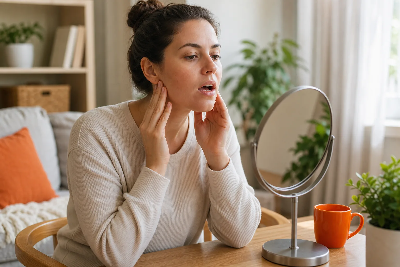 Comfortable seated position for jaw pain relief exercises and a gentle symptom check.