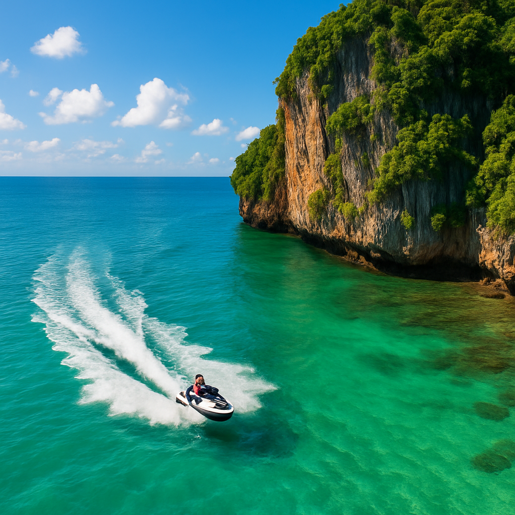 A vibrant aerial view of a jet ski gliding past a limestone cliff on Phuket’s coastline, with turquoise water and a sunny sky. Alt: jet ski rental in Phuket turquoise water coastline