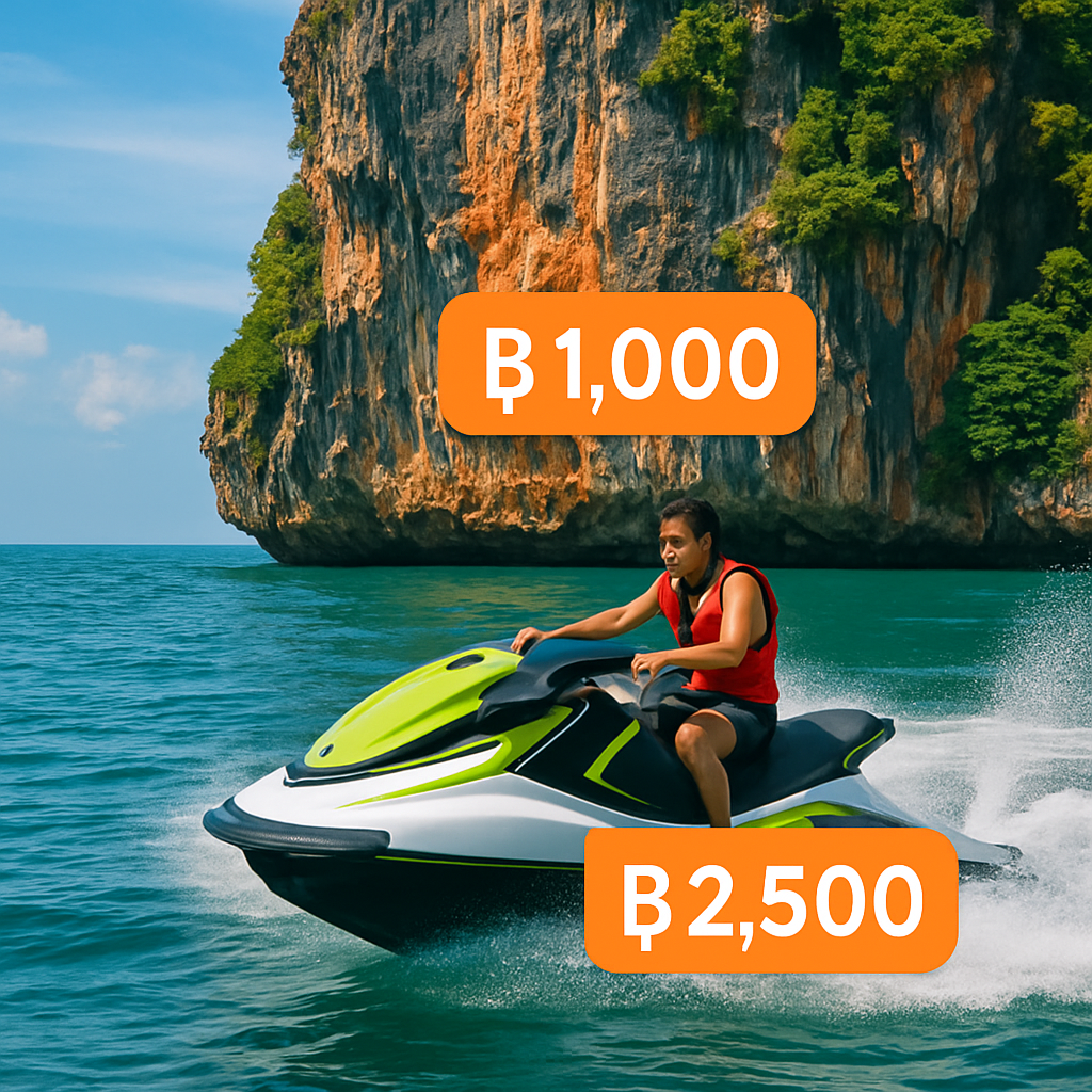 A vibrant shot of a jet ski rider gliding past a limestone cliff with a price tag overlay showing baht symbols. Alt: Jet ski rental vs tour price comparison in Phuket