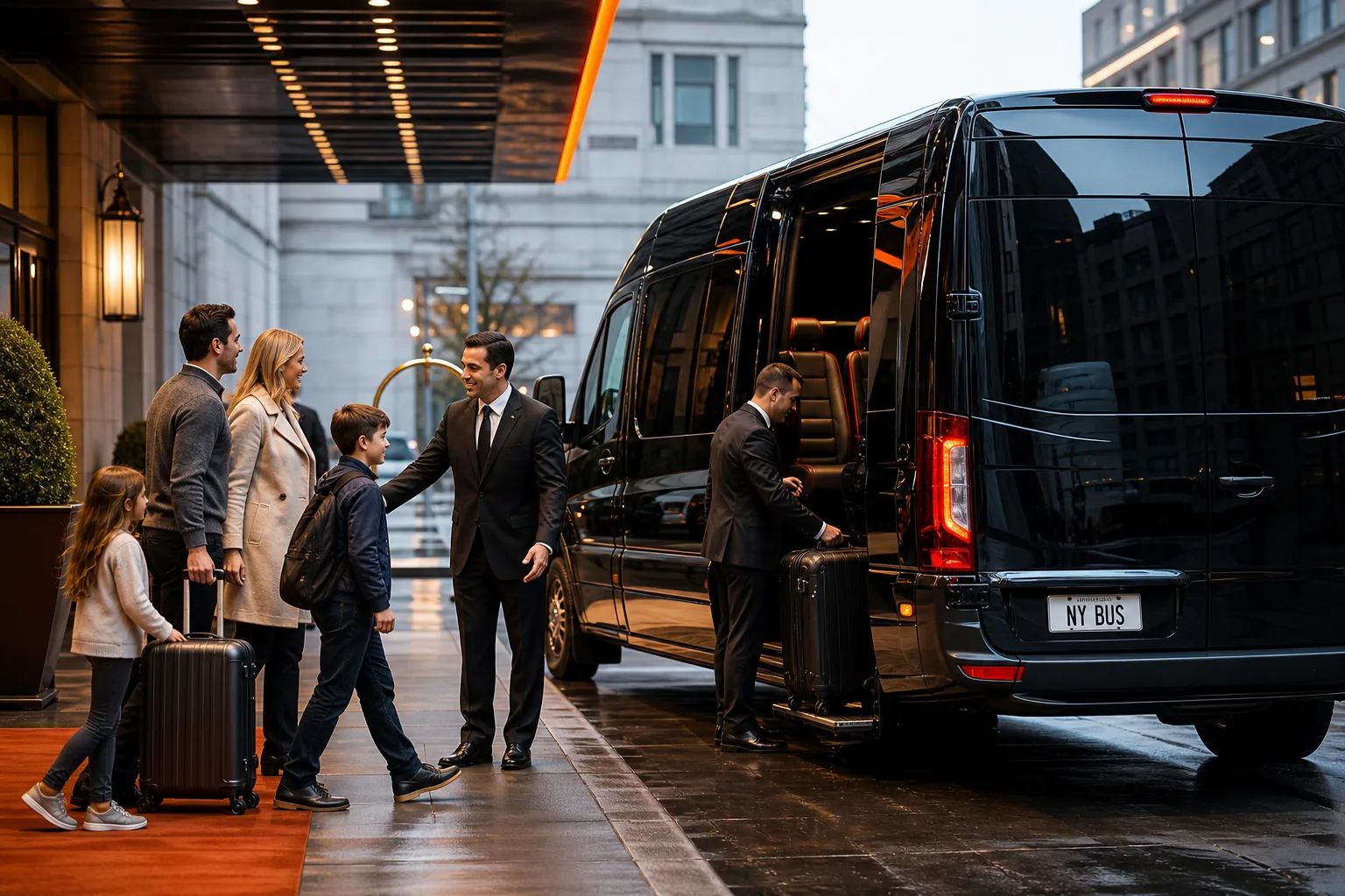 private JFK shuttle service bringing airport passengers to a New York hotel