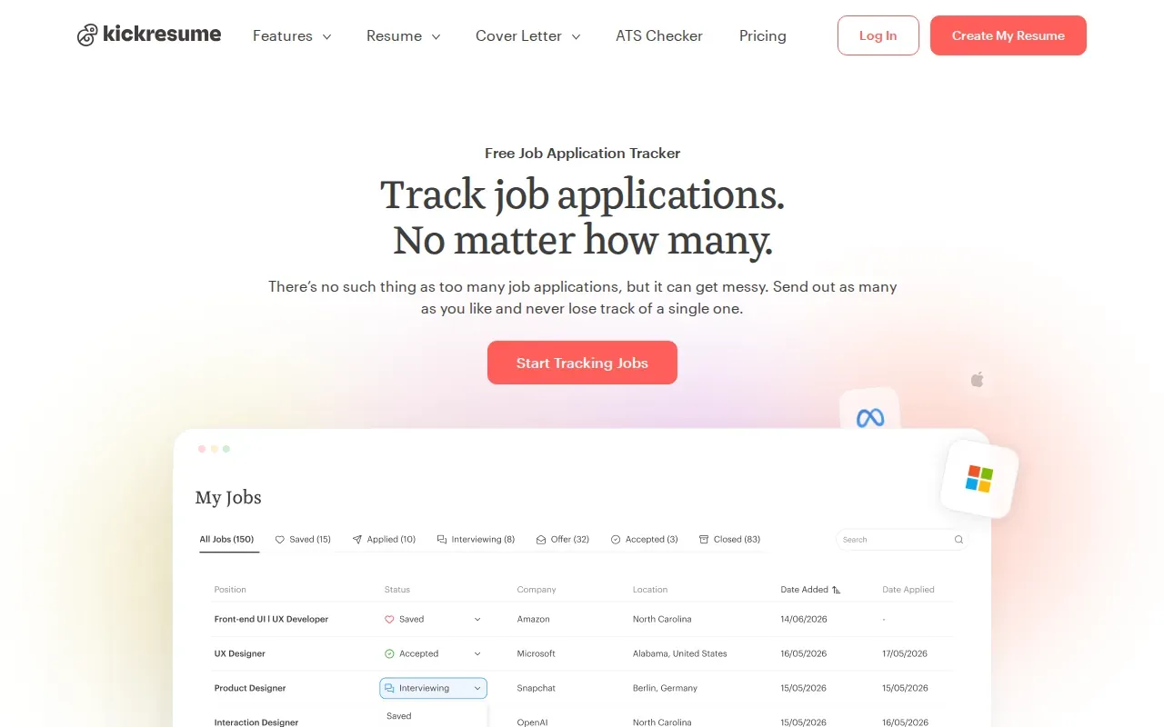 Screenshot of the Job Application Tracker by Kickresume website