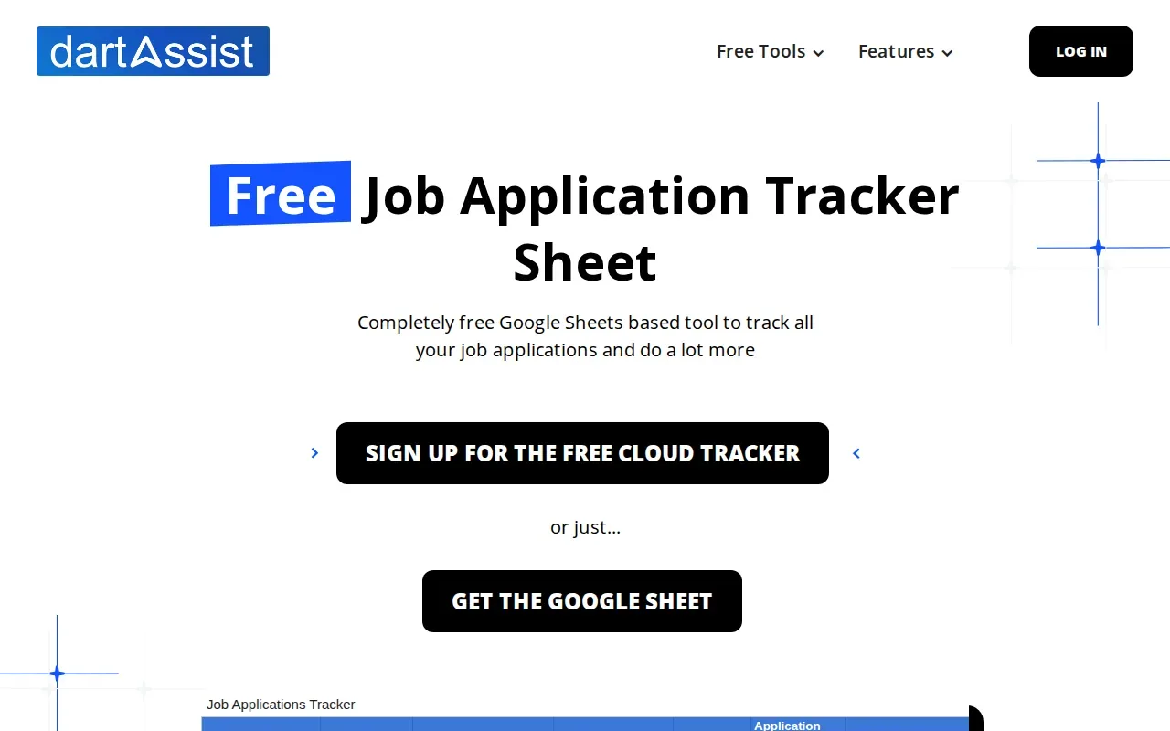 Screenshot of the Job Application Tracker Spreadsheet by DartAssist website