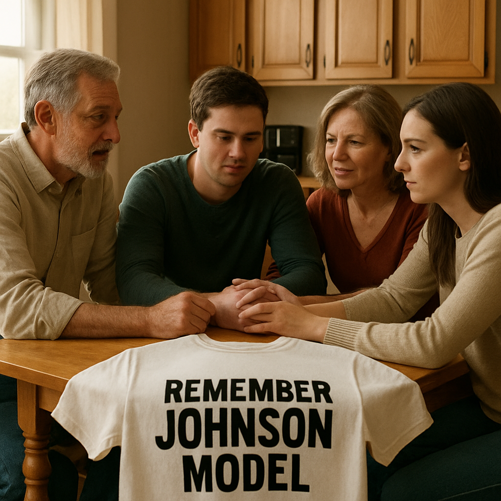 A warm family meeting around a kitchen table, showing supportive faces and a subtle reminder shirt on a chair. Alt: Johnson model intervention family meeting