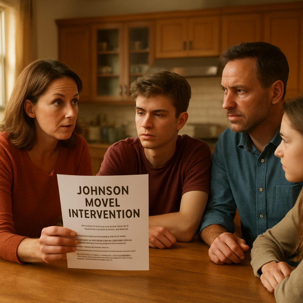 A warm kitchen scene with a family gathered around a table, holding a printed script for a Johnson model intervention. Alt: Family using a Johnson model intervention script at home, showing supportive yet firm atmosphere.