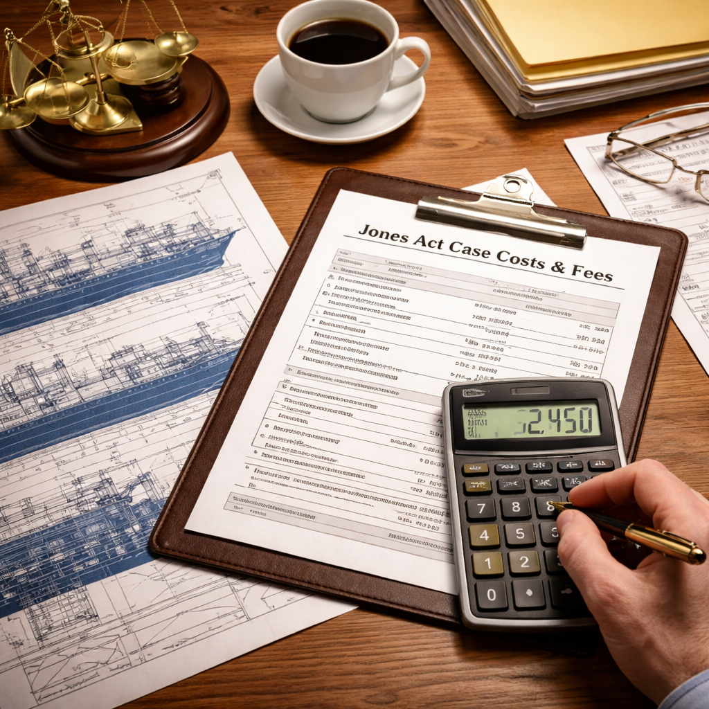 A photorealistic office desk with legal documents, ship schematics, and a calculator, alt: Jones Act attorney reviewing fees and case costs