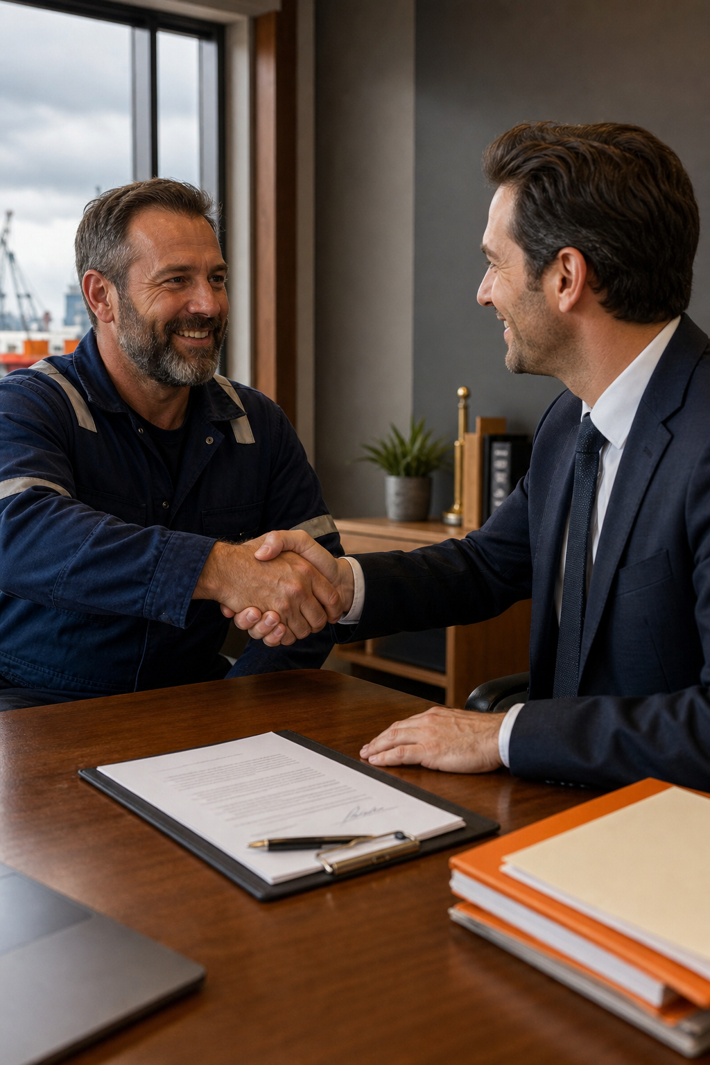 A photorealistic scene showing a maritime worker shaking hands with an attorney in an office, with a signed settlement agreement on the desk. Alt: Receiving a Jones Act settlement