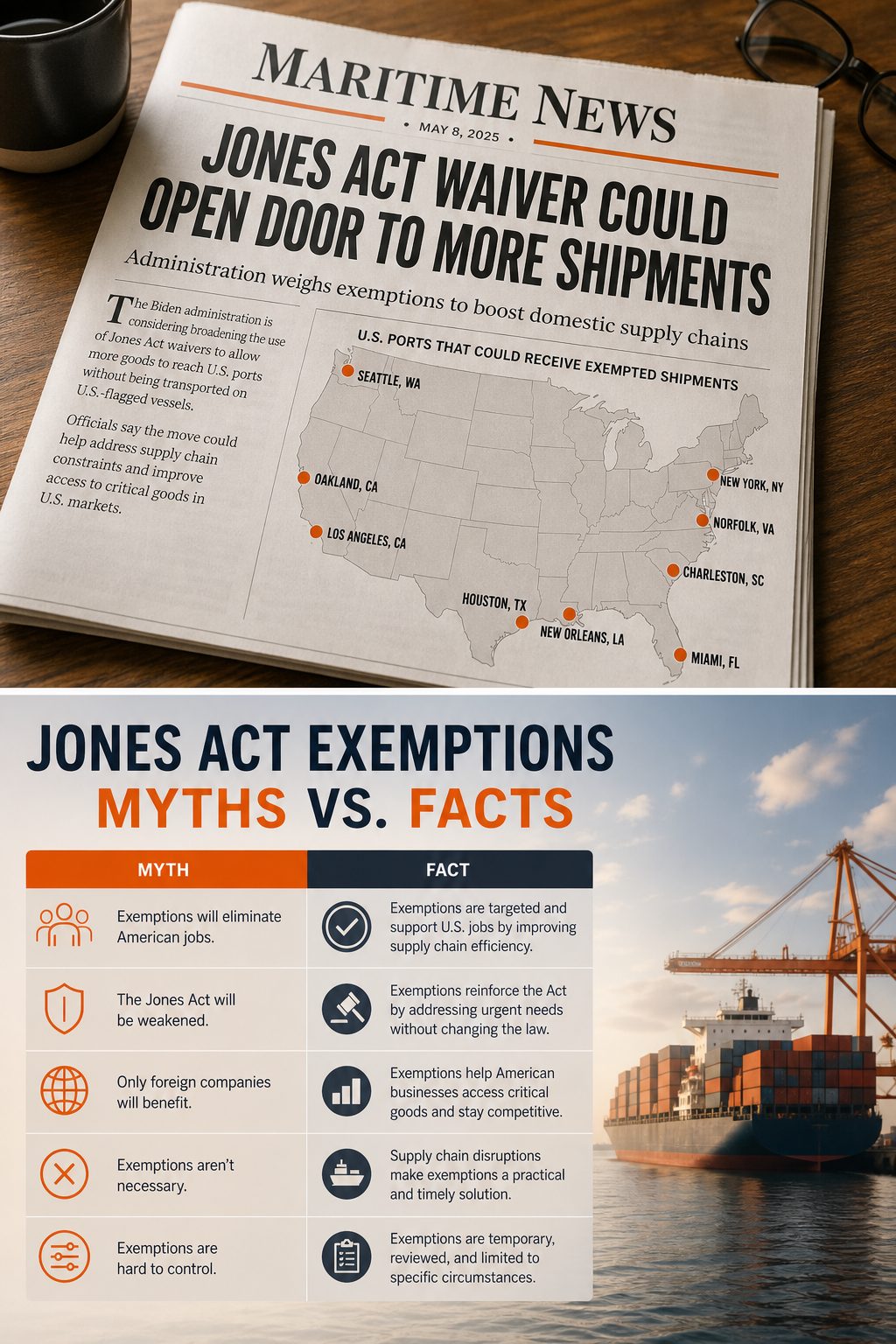 A photorealistic illustration of a news headline about a Jones Act waiver, with a map of the United States showing ports that could receive exempted shipments. Alt: Visual of common myths versus facts about Jones Act exemptions.