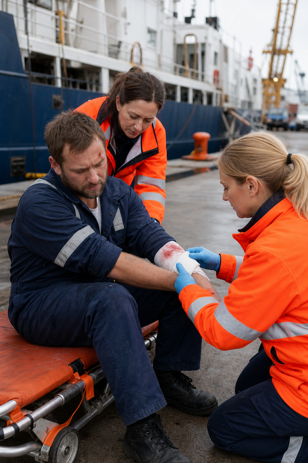 A photorealistic image of an injured seaman being assisted by medical personnel on a dock, with a ship in the background. Alt: Injured seaman receiving medical care highlights Jones Act benefits.