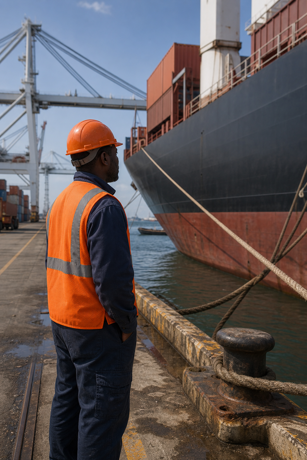 A photorealistic editorial scene showing a dock worker in a safety vest standing on a pier next to a large moored cargo ship, with cranes and shipping containers visible in the background. Alt: Dock worker onshore next to a vessel, illustrating workers commonly denied Jones Act seaman status.