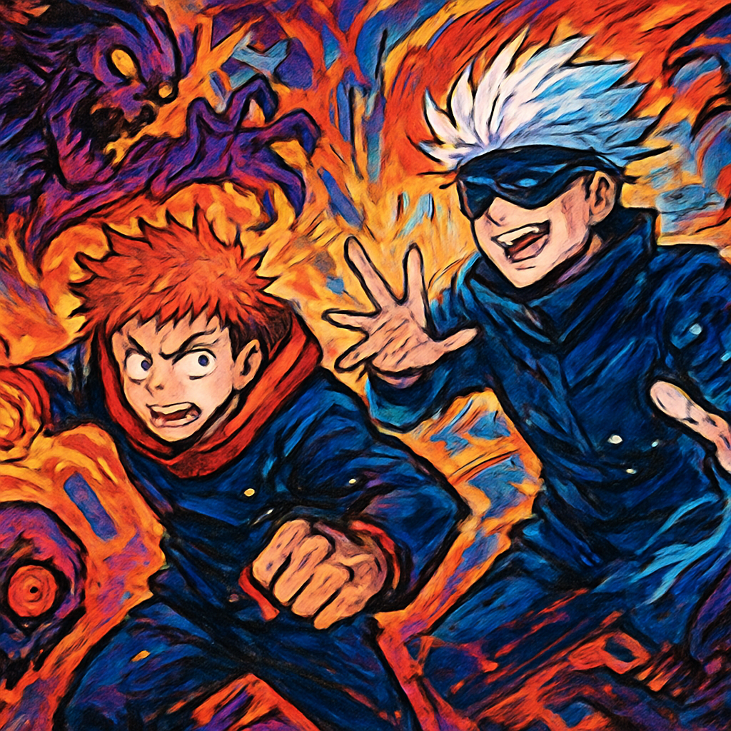 A dynamic anime scene of Yuji and Gojo battling curses, vibrant colors, high energy. Alt: Jujutsu Kaisen Season 2 watch guide