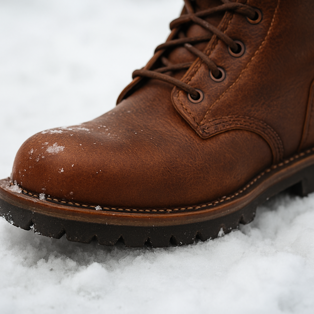 En närbild på en robust, fullkornsläderkänga som visas i snö, med fokus på tåboxen och sula, Alt: 