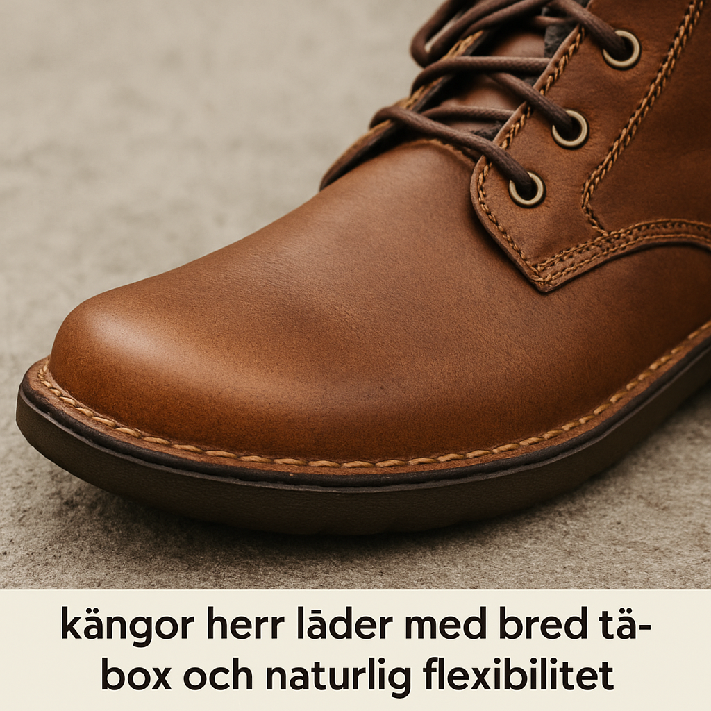 A close‑up of a leather boot showing the wide toe box and flexible sole. Alt: kängor herr läder med bred tåbox och naturlig flexibilitet.