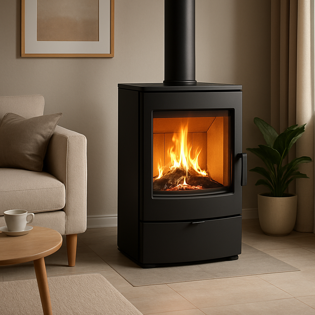 A modern 8 kW wood stove Model A glowing warmly in a stylish living room, showing its glass front and sleek black finish. Alt: Kaminofen 8 kW Modell A – modernes Design und effiziente Wärme