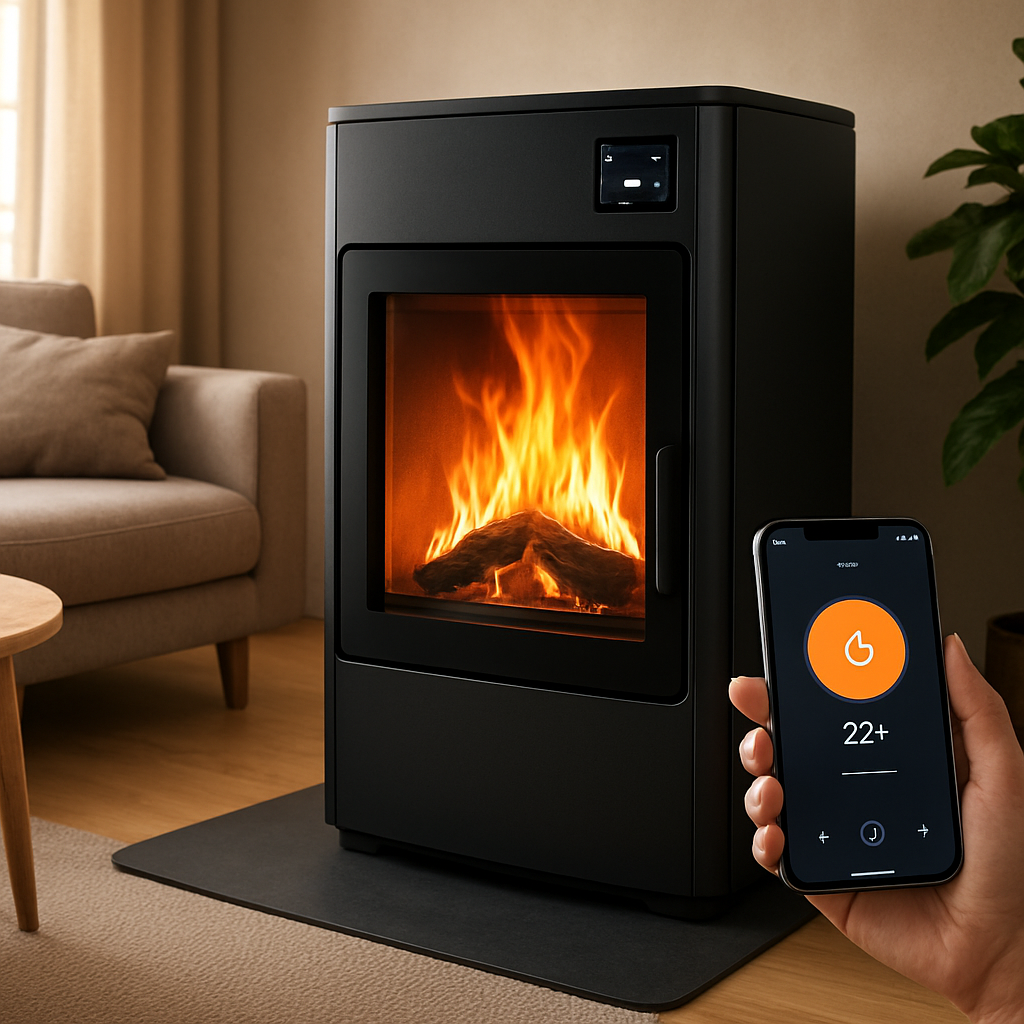 A modern 8 kW wood stove model E with a sleek touchscreen control panel, glowing orange flames, and a smartphone showing the companion app, in a cozy living room. Alt: Kaminofen 8 kW Modell E – smarte Steuerung und App-Integration