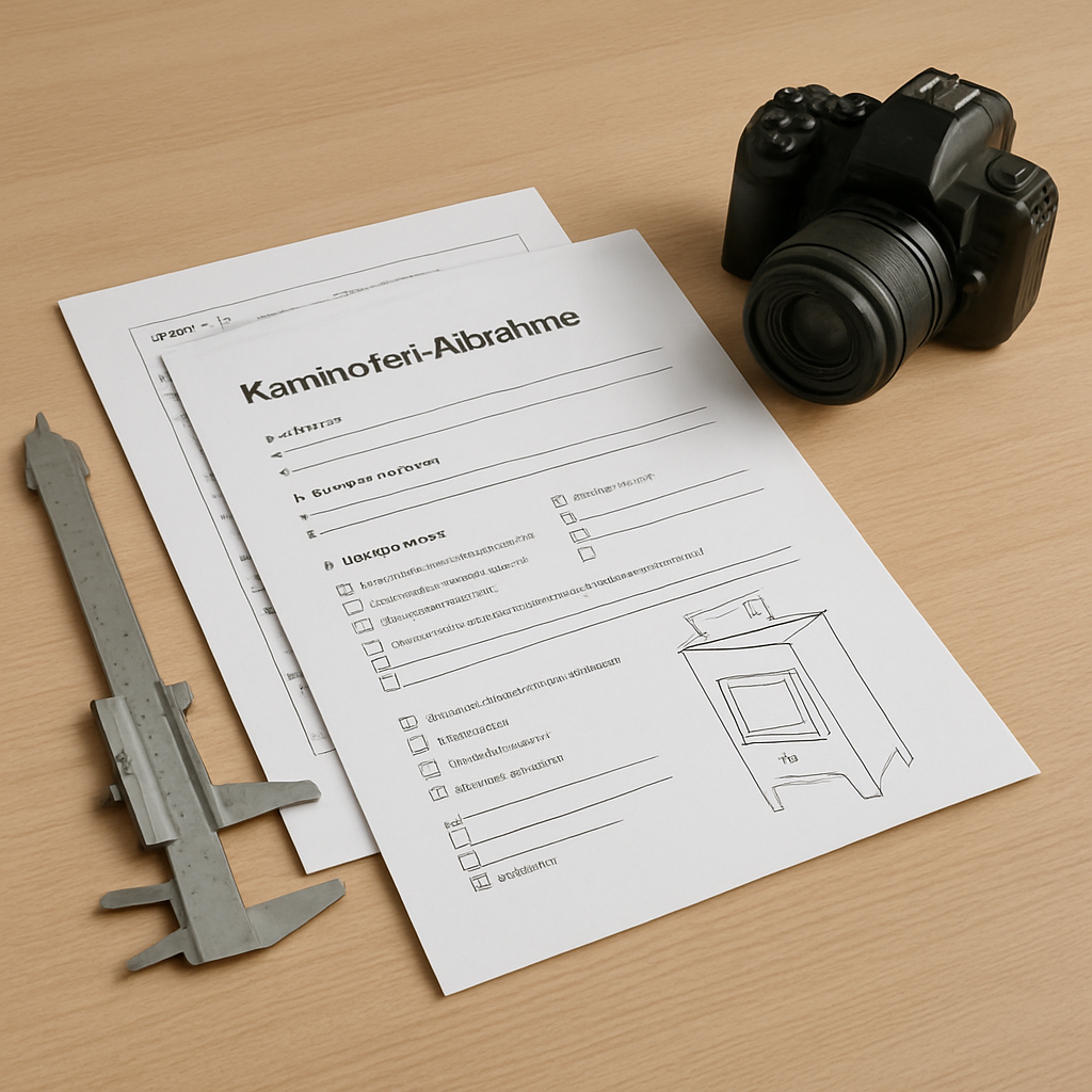 Ein aufgeräumter Arbeitstisch mit allen Dokumenten zur Kaminofen‑Abnahme, neben einem Messschieber und einer Kamera, Alt: Dokumente für kaminofen abnahme schornsteinfeger