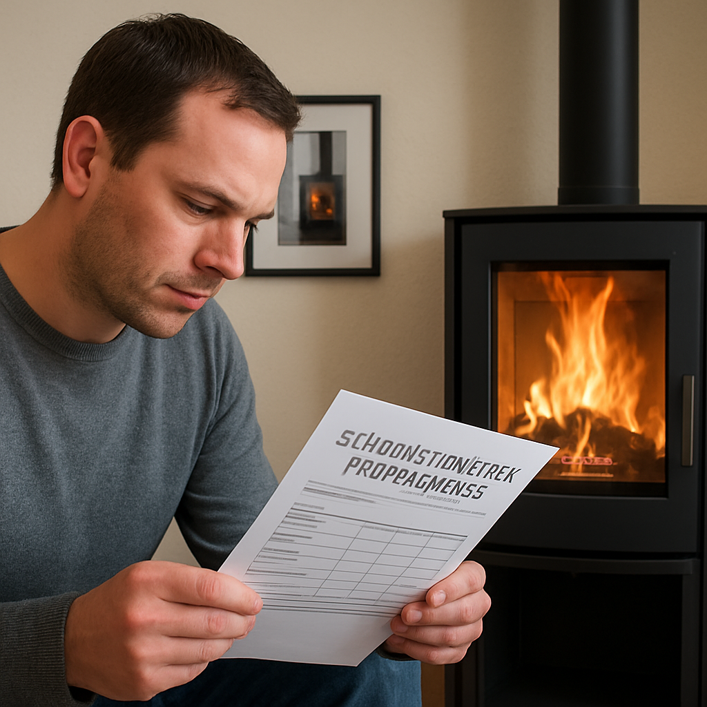 A homeowner reviewing the chimney sweep report next to a photo of the first fireplace test run. Alt: kaminofen abnahme schornsteinfeger prüfergebnis dokumentation