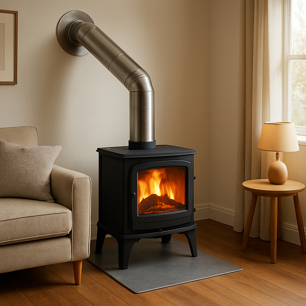 A cozy living room with a newly installed wood stove, showing the proper distance to the wall, a stainless steel flue pipe with a slight upward angle, and a safety plate on the floor. Alt: kaminofen anschließen an schornstein Sicherheitscheck Vorbereitung