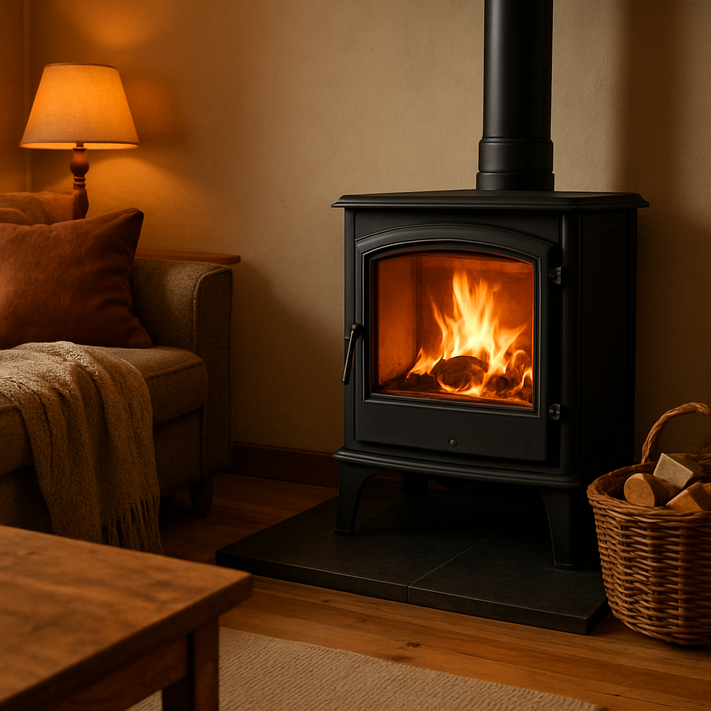A warm, cozy living room with a newly lit wood stove, showing gentle orange flames licking the inside of the firebox. Alt: Kaminofen erstes Anzünden Brennverhalten testen