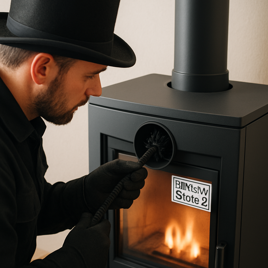 A professional chimney sweep checking the flue of a modern wood stove, close-up of the BImSchV Stufe 2 label on the stove. Alt: Wartung von kaminofen bImSchV stufe 2