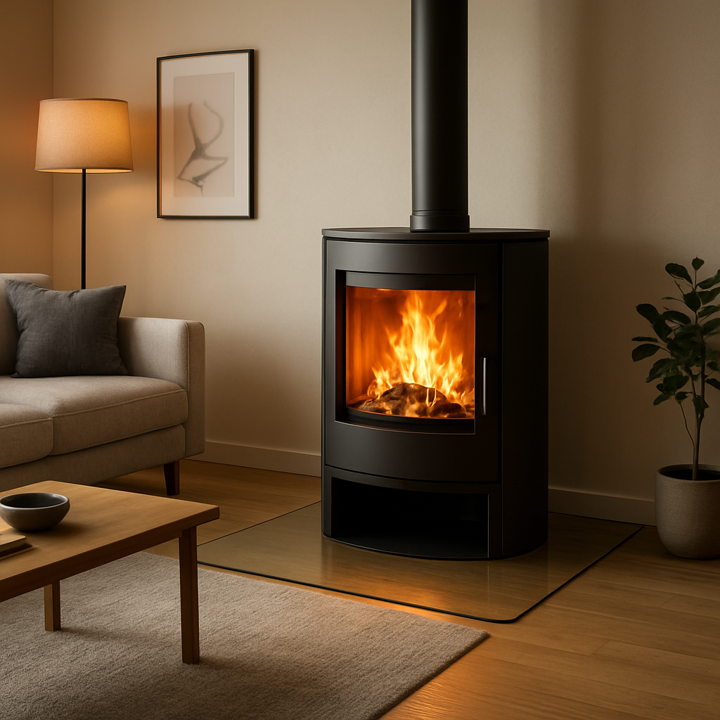 A modern living room with a wood-burning stove on a sleek glass floor plate, warm firelight reflecting off the glass, contemporary interior design. Alt: Kaminofen mit Glasbodenplatte im stilvollen Wohnraum.