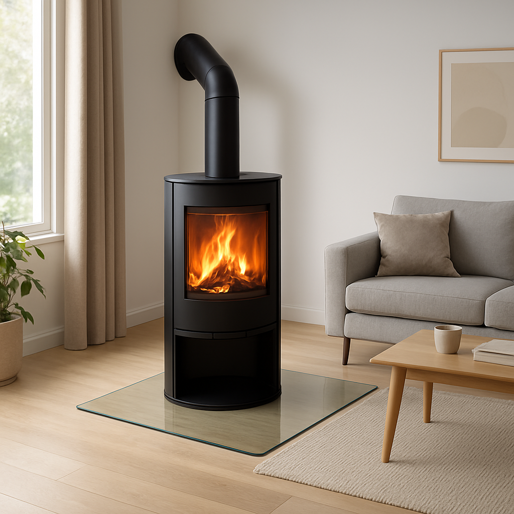 A modern living room with a wood-burning stove on a sleek glass floor plate, showing a clean surface and warm glow. Alt: kaminofen bodenplatte glas pflege und reinigung