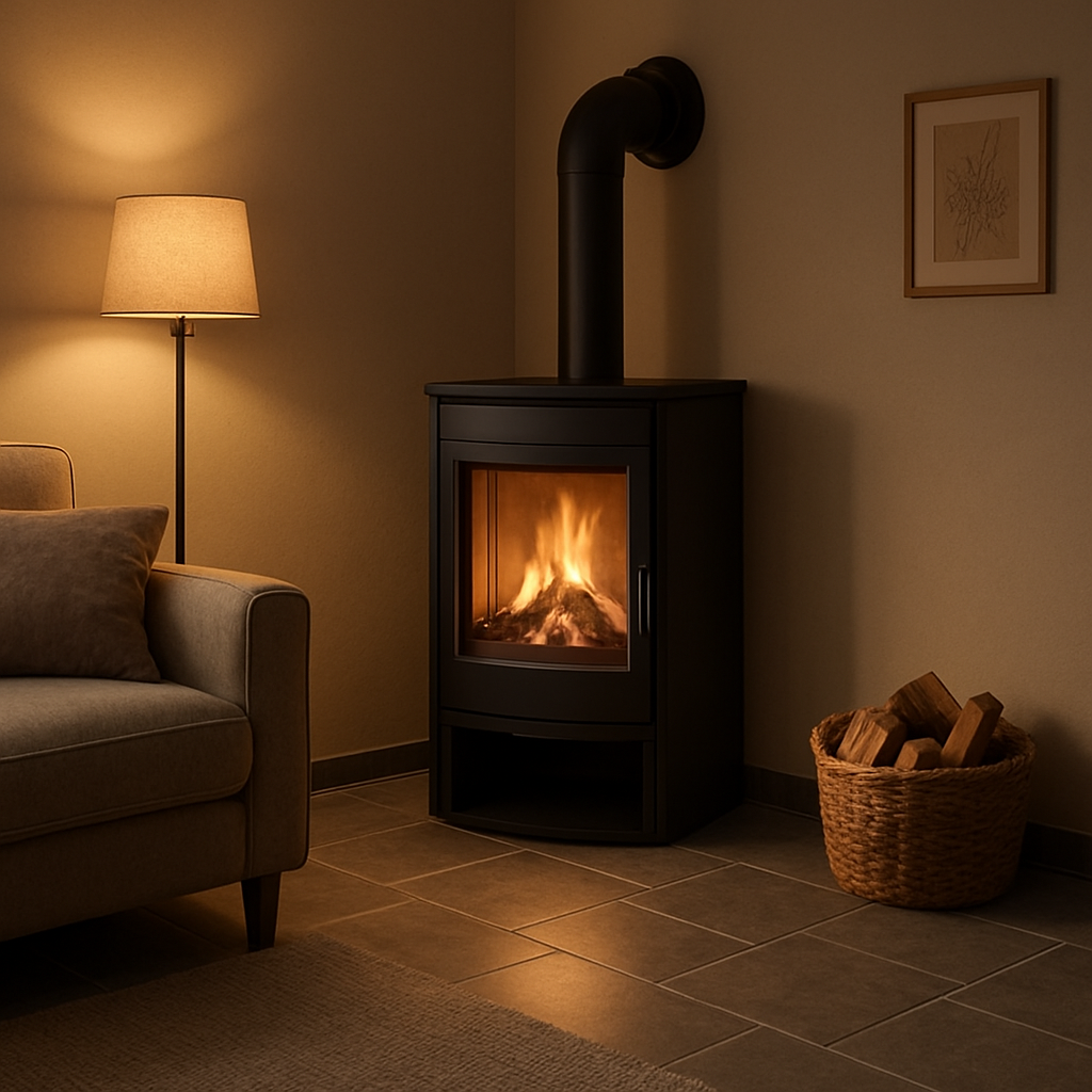 A cozy living room corner with a modern corner wood stove, heat‑resistant stone floor, and soft ambient lighting. Alt: kaminofen eckaufstellung wohnzimmer gestaltung