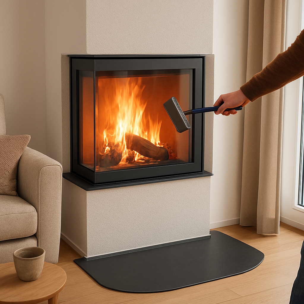 A cozy living room corner with a modern corner fireplace, glass door sparkling clean, a steel heat‑shield plate underneath, and a homeowner holding a cleaning brush. Alt: Wartung und Pflege von Kaminofen Eckaufstellung