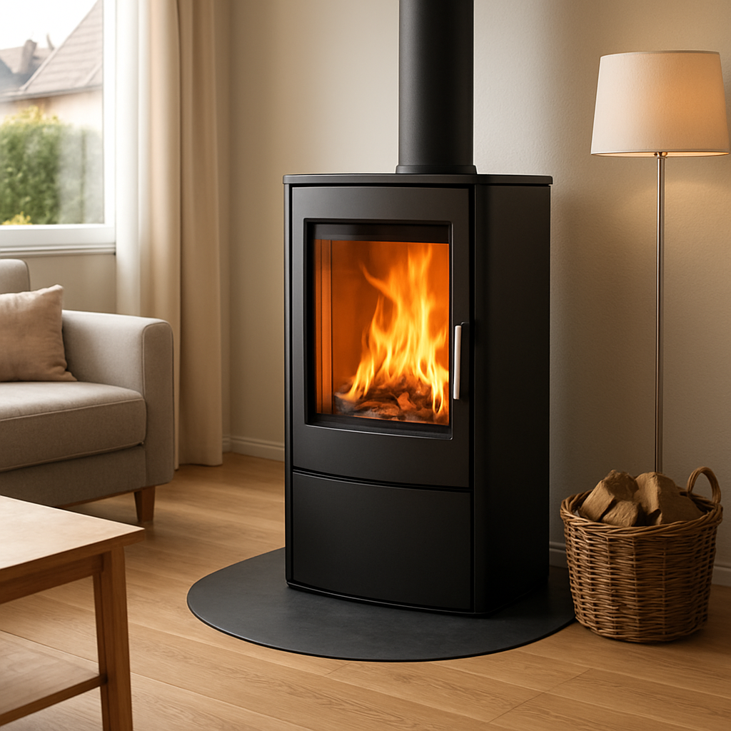 Ein moderner Kaminofen mit klarer Glastür, der warme Flammen zeigt, im Wohnzimmer eines deutschen Einfamilienhauses. Alt: kaminofen ersatzteile scheibe