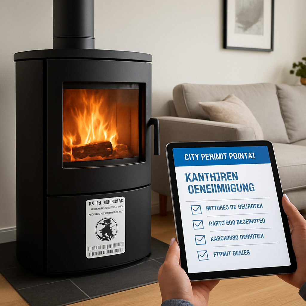 A modern living room with a newly installed wood stove, showing a close-up of the stove's certification label and a homeowner checking a tablet with a city permit portal. Alt: kaminofen genehmigung schornsteinfeger checklist illustration.