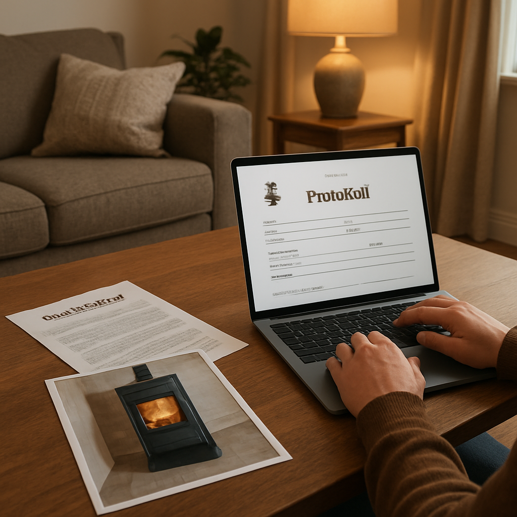 A cozy living room where the homeowner is reviewing a chimney sweep's protocol on a laptop, with paperwork and a photo of the stove beside it. Alt: nachträgliche änderungen kaminofen genehmigung schornsteinfeger dokumentation.
