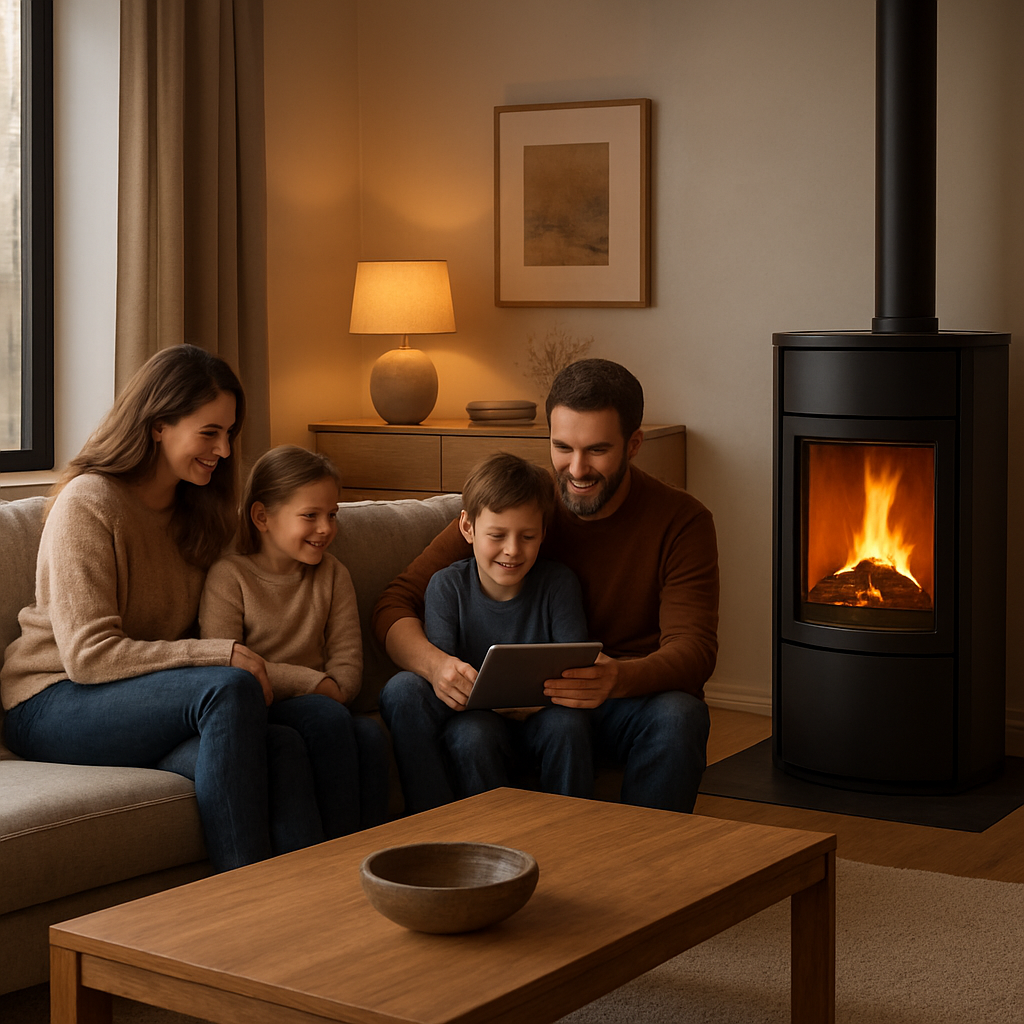 A modern living room with a sleek wood‑burning stove, warm glow, family relaxing on a sofa. Alt: Kaminofen im Wohnzimmer, gemütliche Atmosphäre