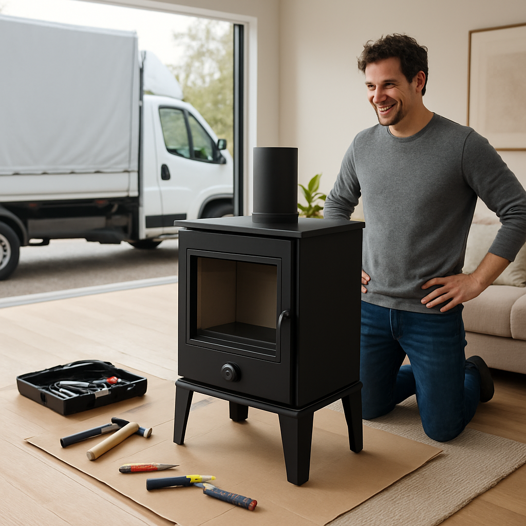 A modern living room with a newly delivered wood stove, a delivery truck in the background, tools and a happy homeowner watching the installation. Alt: Kaminofen bestellen online, Lieferung und Montage planen