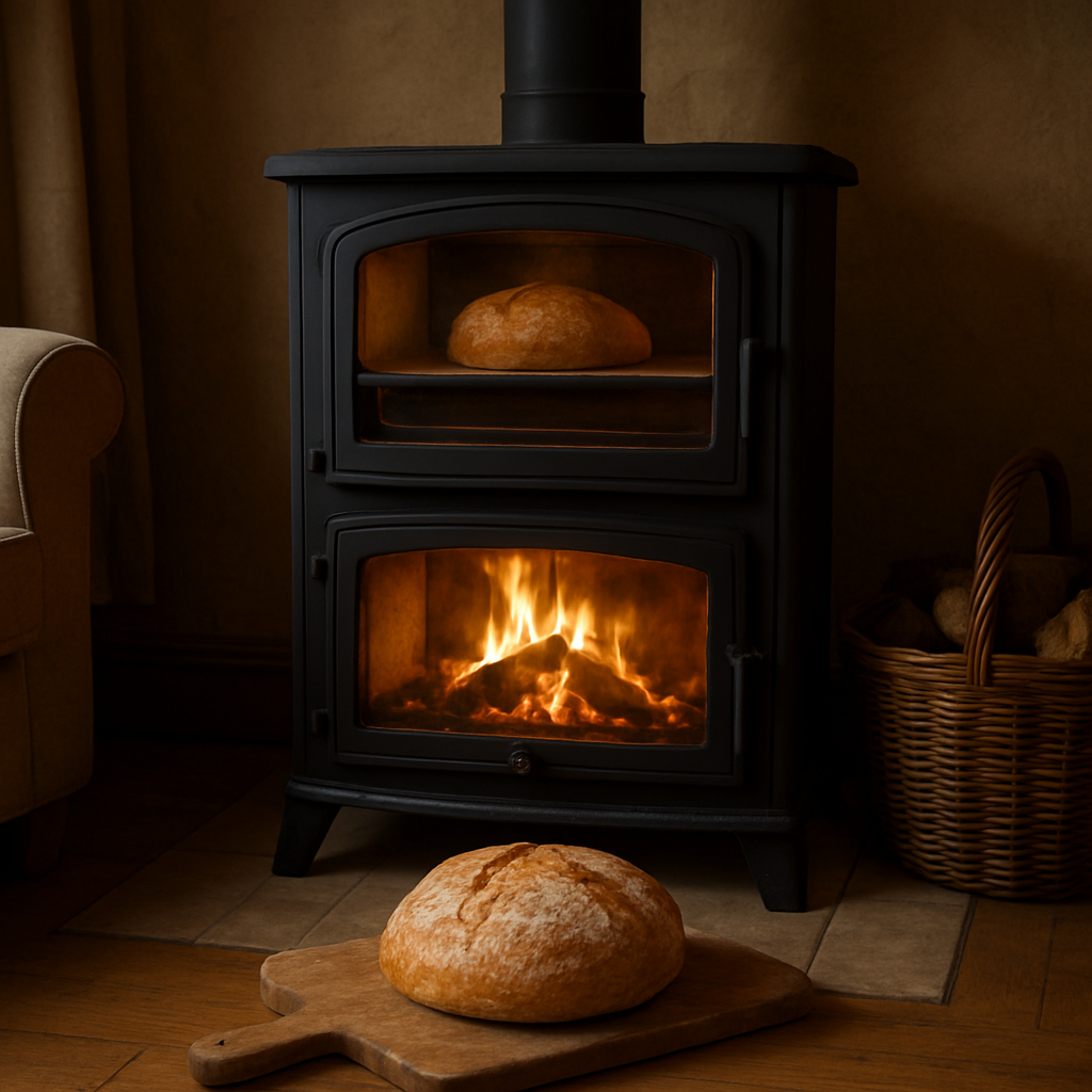 A cozy living room with a classic steel wood stove featuring a spacious back compartment, warm firelight illuminating freshly baked bread on a wooden board. Alt: klassischer Kaminofen mit Backfach, warmes Feuer, frisch gebackenes Brot.