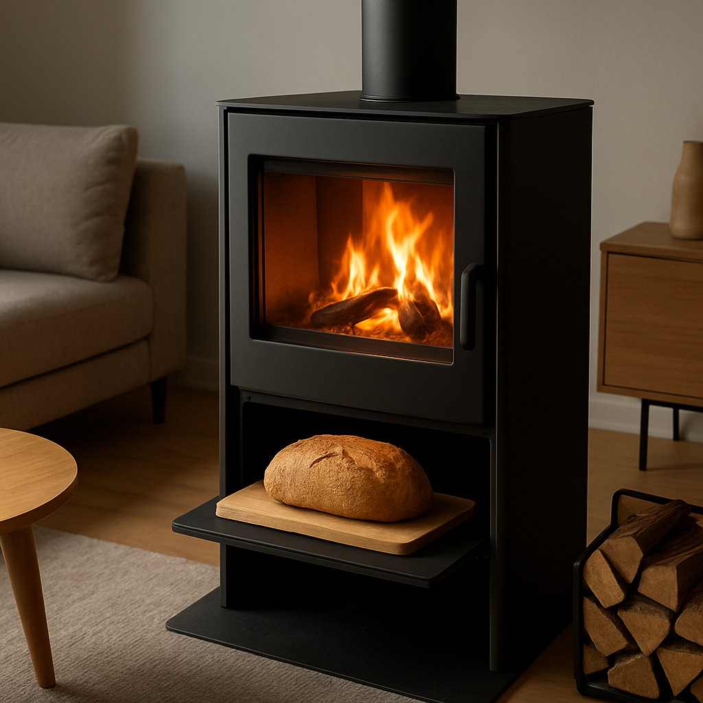 A modern living room with a sleek wood stove featuring a spacious back compartment, a freshly baked loaf of bread on a wooden board, warm firelight illuminating the scene. Alt: kaminofen mit backfach, gemütliche Wärme, frisches Brot im Backfach.