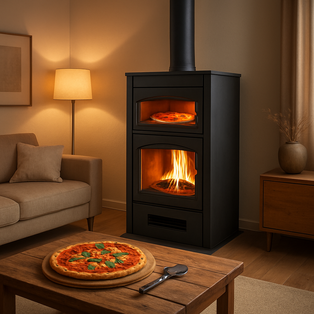 A modern German living room with a wood-burning stove featuring a built‑in pizza oven compartment, warm lighting, and a rustic wooden table with a fresh pizza. Alt: Kaminofen mit Pizzafach im Wohnzimmer