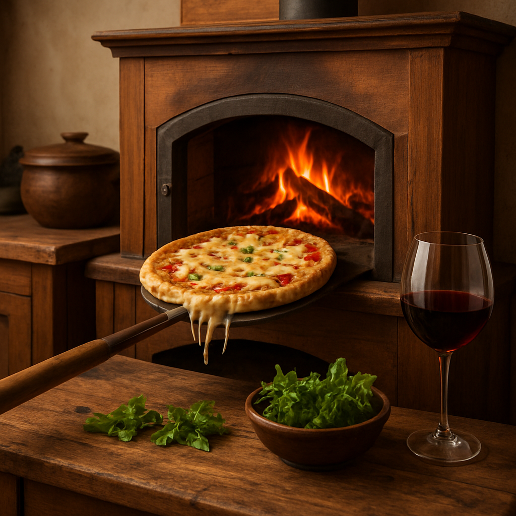A cozy kitchen scene showing a wooden fireplace with a built-in pizza compartment, a sizzling pizza with melted cheese being pulled out, and a rustic wooden table with fresh herbs and a glass of red wine. Alt: Kaminofen mit Pizzafach, Pizza backen, rustikale Küche