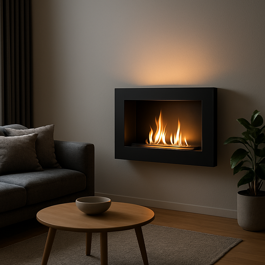 A modern living room with a sleek wall‑mounted bio‑ethanol fireplace, showing gentle flames and ambient lighting. Alt: Kaminofen ohne Schornstein, stilvolles Flammenspiel im deutschen Wohnzimmer