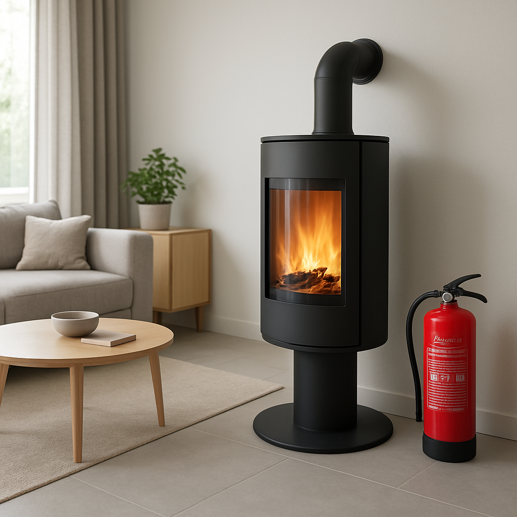 A modern living room showing a sleek kaminofen ohne schornstein with a visible fire extinguisher nearby, highlighting safety equipment and proper spacing. Alt: Sicherheits‑ und Genehmigungscheck für kaminofen ohne schornstein