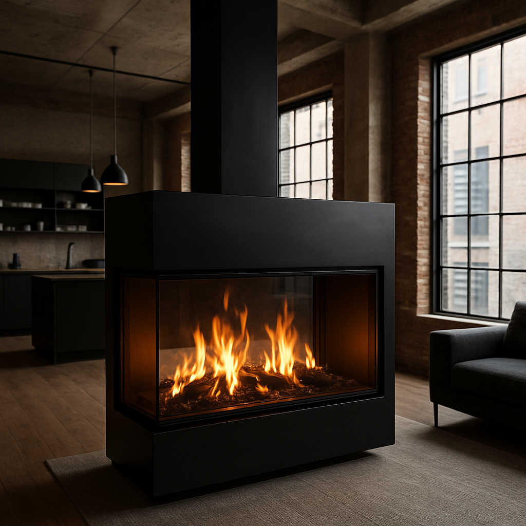 A sleek double‑sided steel fireplace divider in a modern loft, flames visible on both sides, highlighting the contrast between black steel and warm firelight. Alt: Doppelseitiger moderner Stahl‑Raumteiler mit Flammen