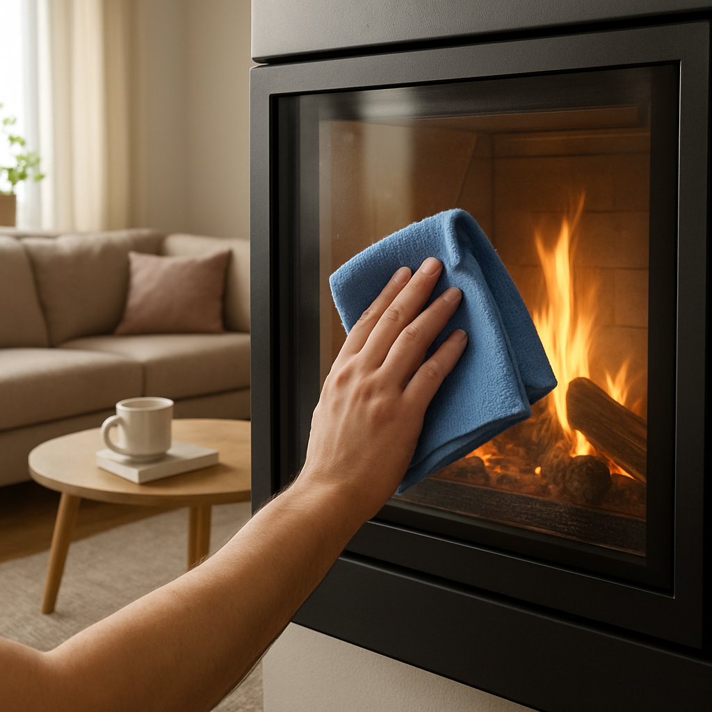 A cozy living room with a clean glass fireplace, showing the glass being wiped with a microfiber cloth. Alt: kaminofen scheibe reinigen Anleitung