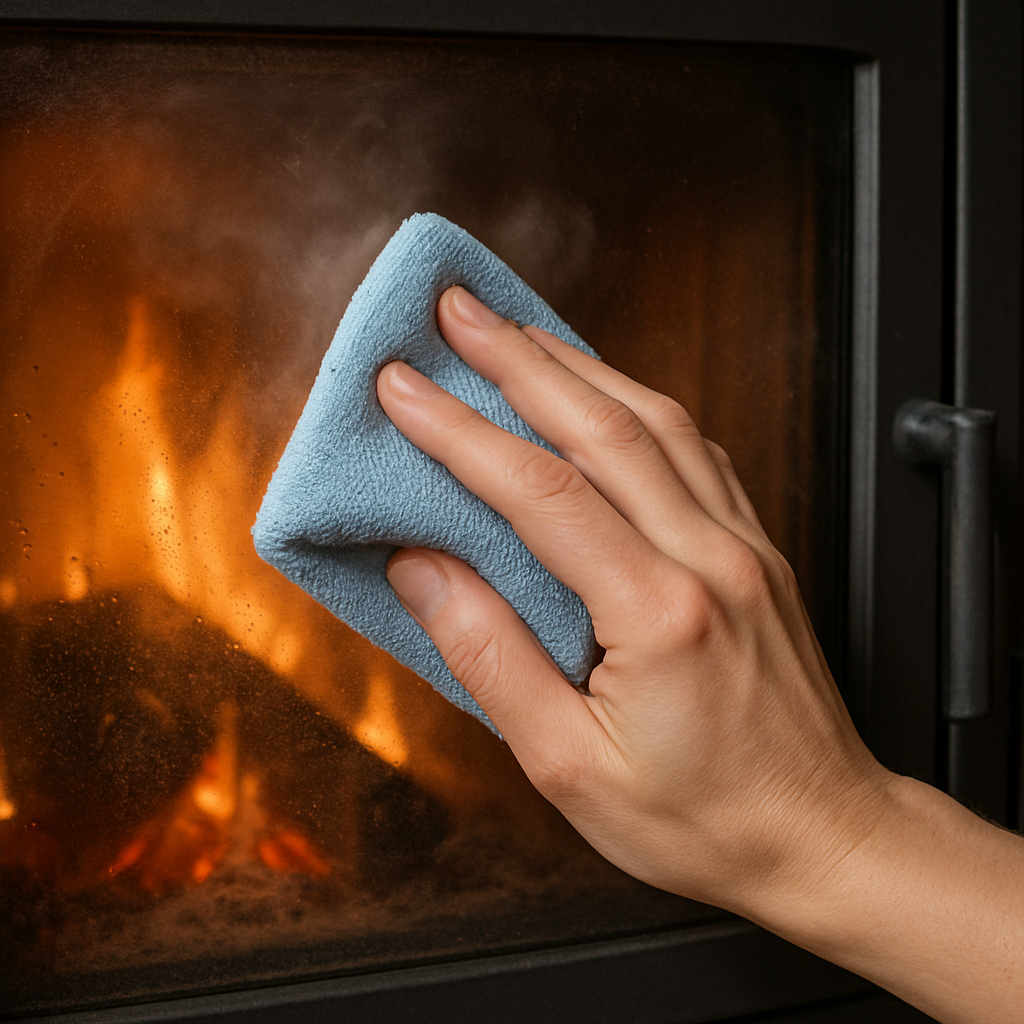A close‑up of a hand gently wiping a warm fireplace glass with a microfiber cloth, showing subtle steam and ash particles. Alt: kaminofen scheibe reinigen regelmäßige pflege wartungsplan