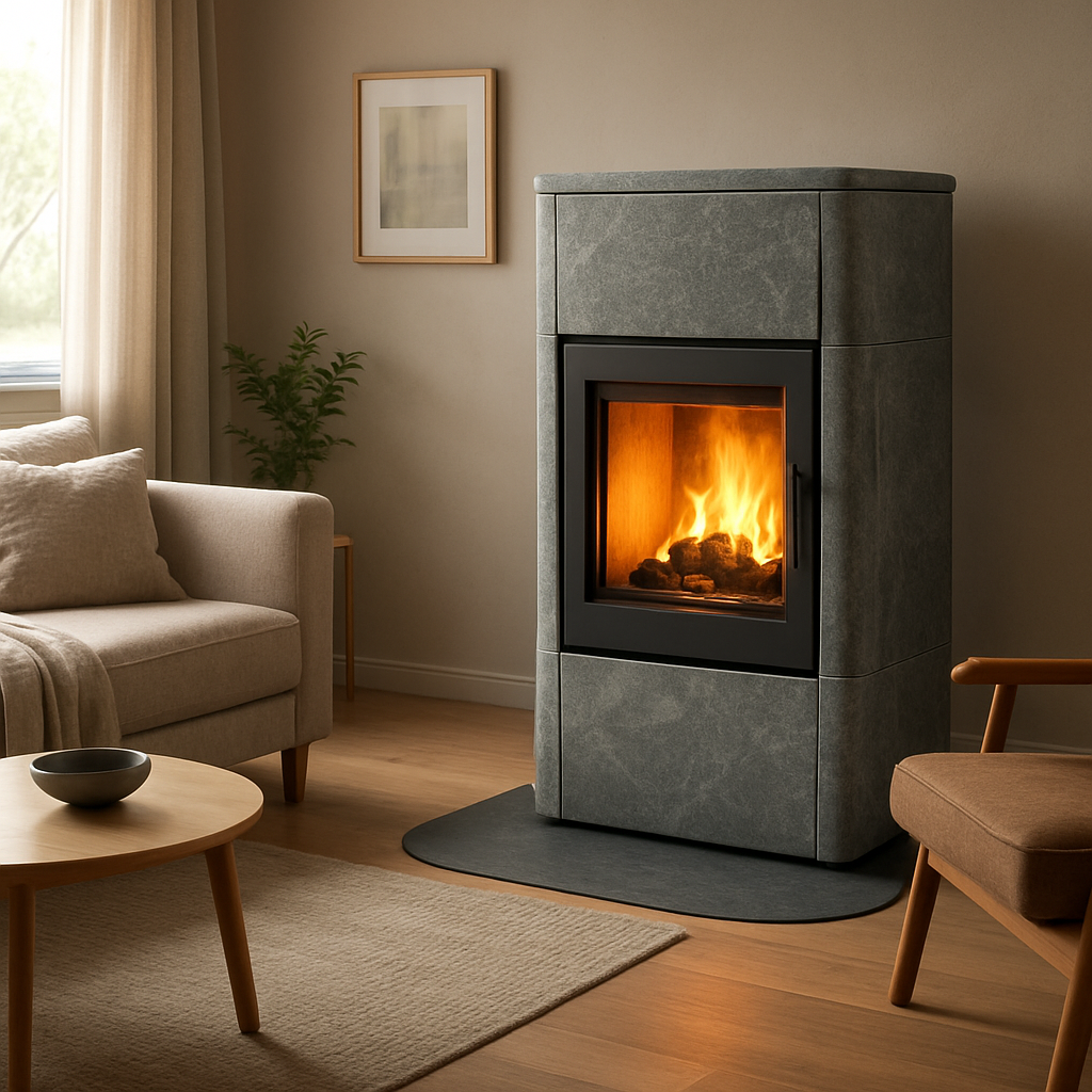 A modern living room with a glowing soapstone fireplace, showing the stone’s natural texture and warm light. Alt: kaminofen speckstein 8 kw warmes Wohnzimmer mit specksteinofen