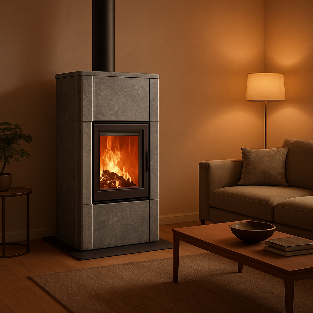 A modern living room with a sleek 8 kW soapstone fireplace, flames glowing, warm ambient light, showing the stone’s natural texture and a cozy seating area. Alt: kaminofen speckstein 8 kw Installation im Wohnzimmer