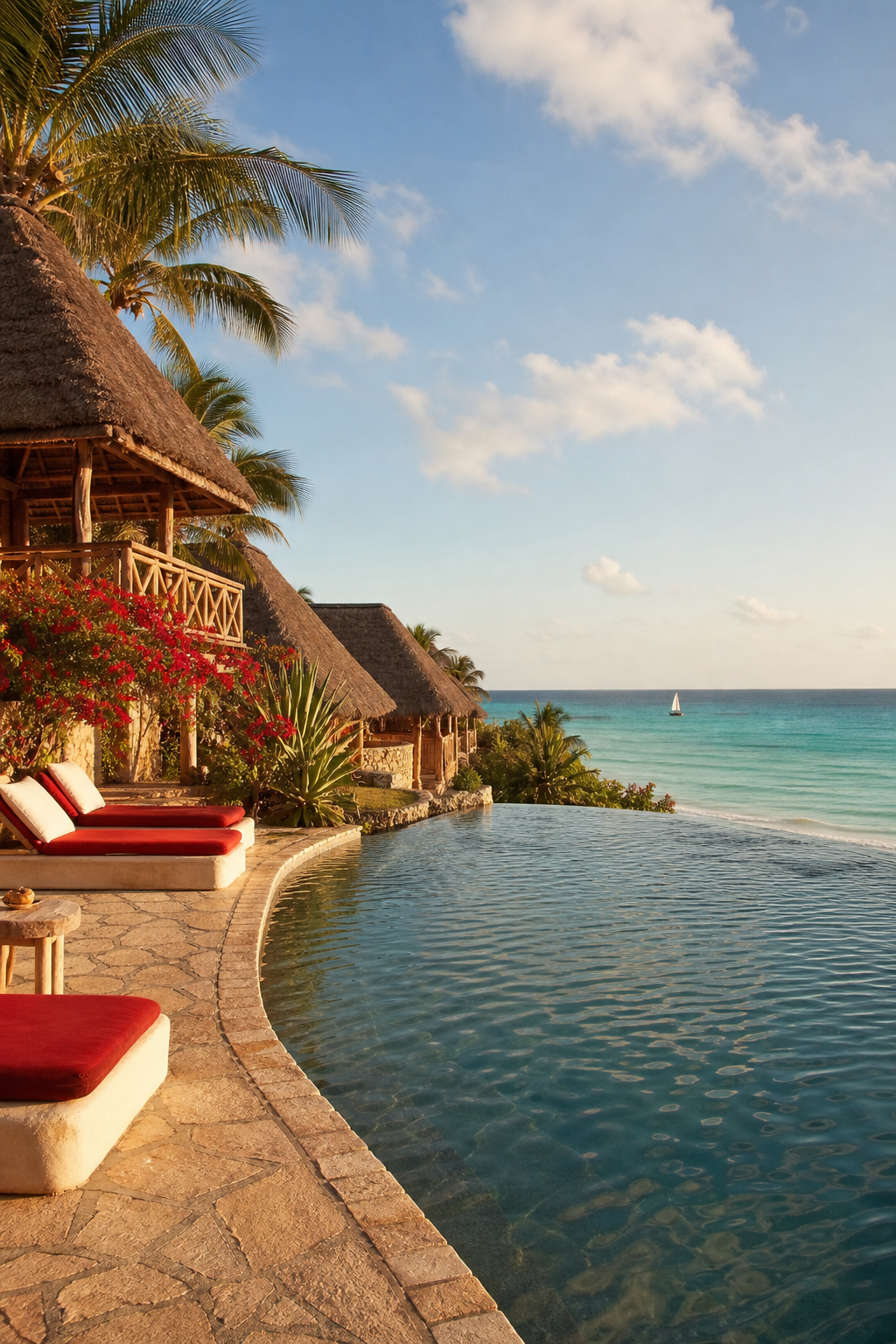 A beachfront resort with thatched bungalows and infinity pool facing the turquoise ocean at Kendwa. Alt: Kendwa Beach resort accommodation