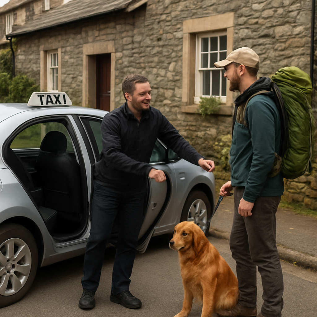 A friendly local driver opening the back door of a taxi for a traveller with a dog and a hiking backpack outside a stone cottage in Keswick. Alt: Keswick taxi local driver assisting traveller with pet and luggage